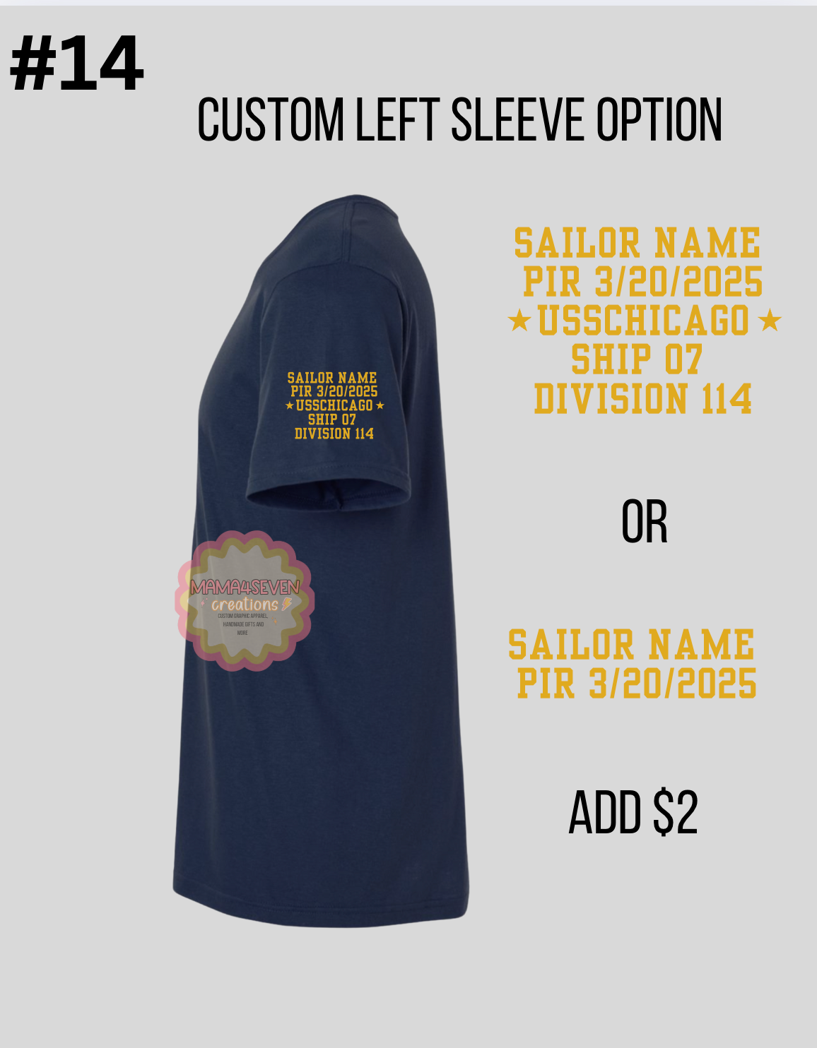 Navy family shirt Add-on, Custom back and sleeve options for Navy apparel
