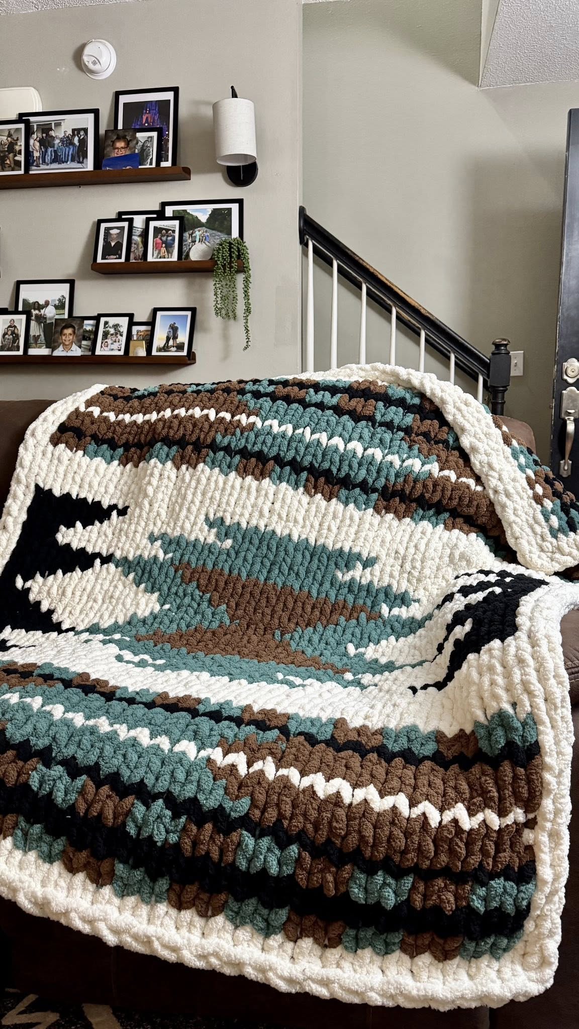 Aztec chunky hand knitted blanket teal, brown and ivory