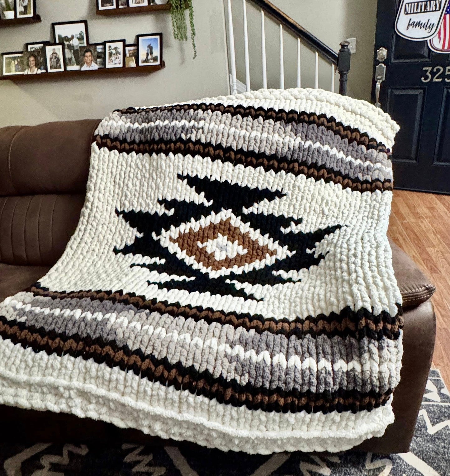 Southwestern Aztec chunky hand knitted blanket in stone grey and Ivory