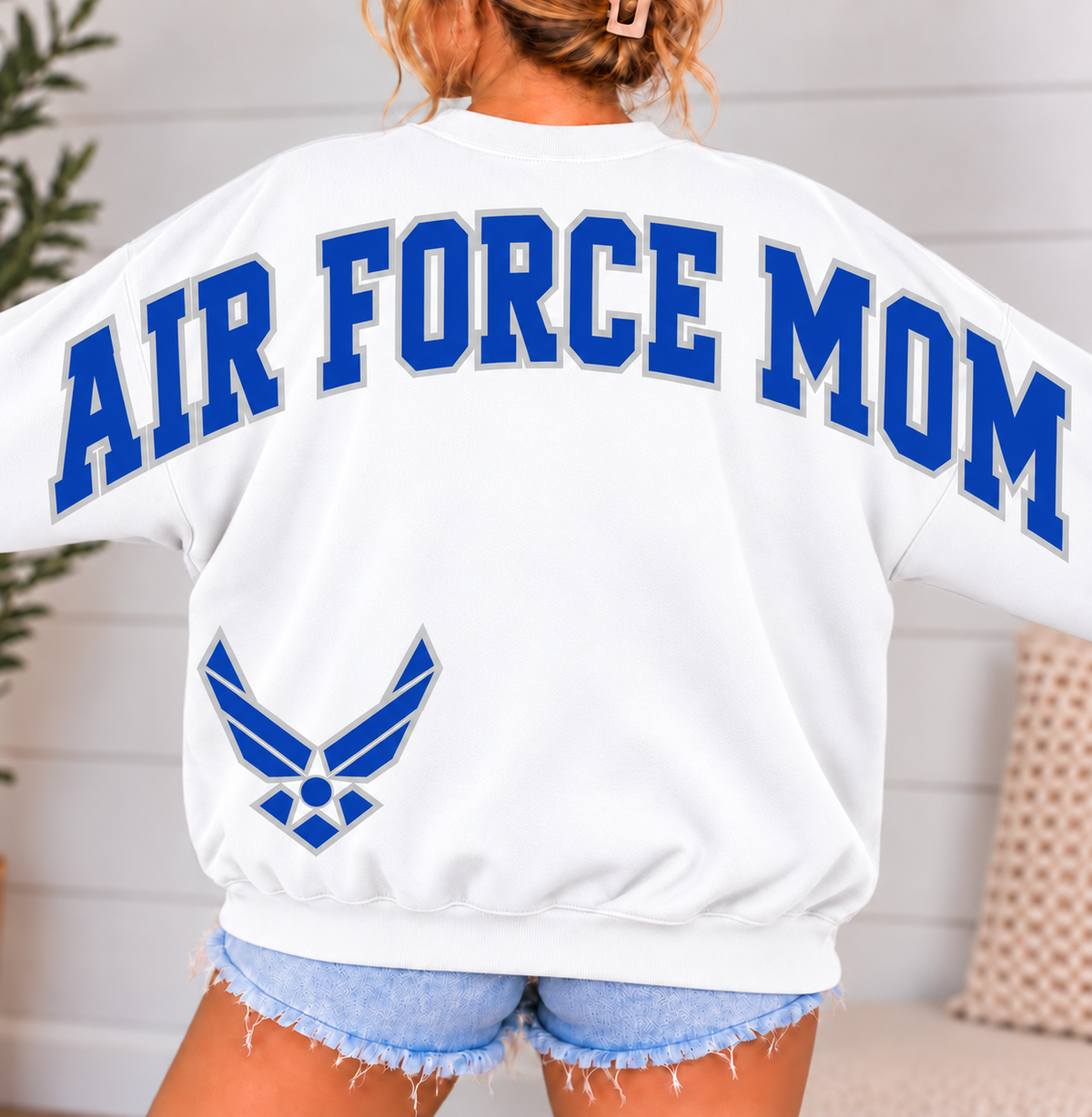 Air Force Mom Varsity Crewneck Sweatshirt with Front & Back Anchor Design