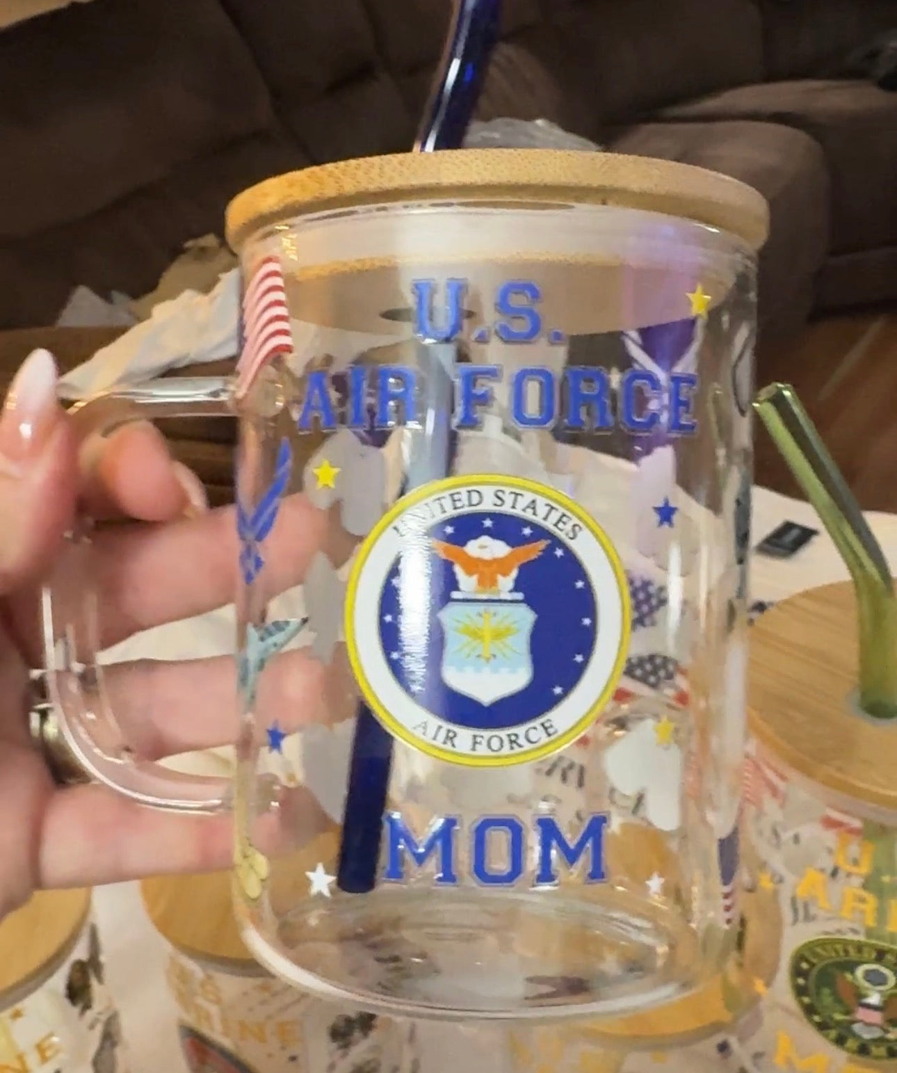 Air Force Family 17oz Glass mug with Bamboo Lid and glass straw