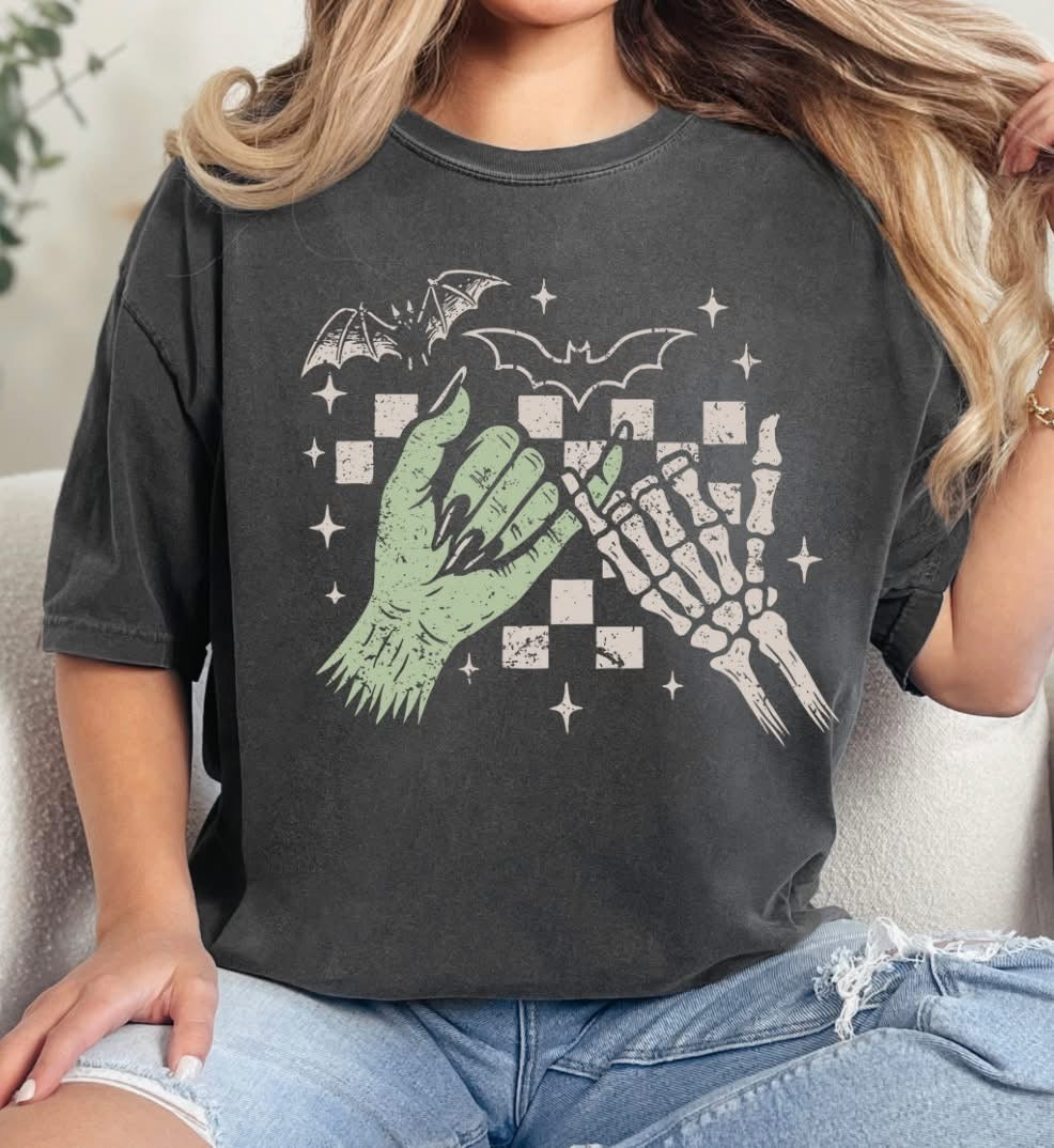 Checkerboard Bats And Skeleton Hands Comfort Colors Halloween Shirt
