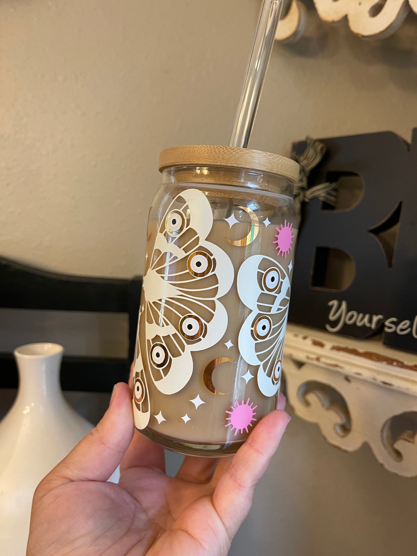 Celestial Moth Beer Can Iced Coffee Glass