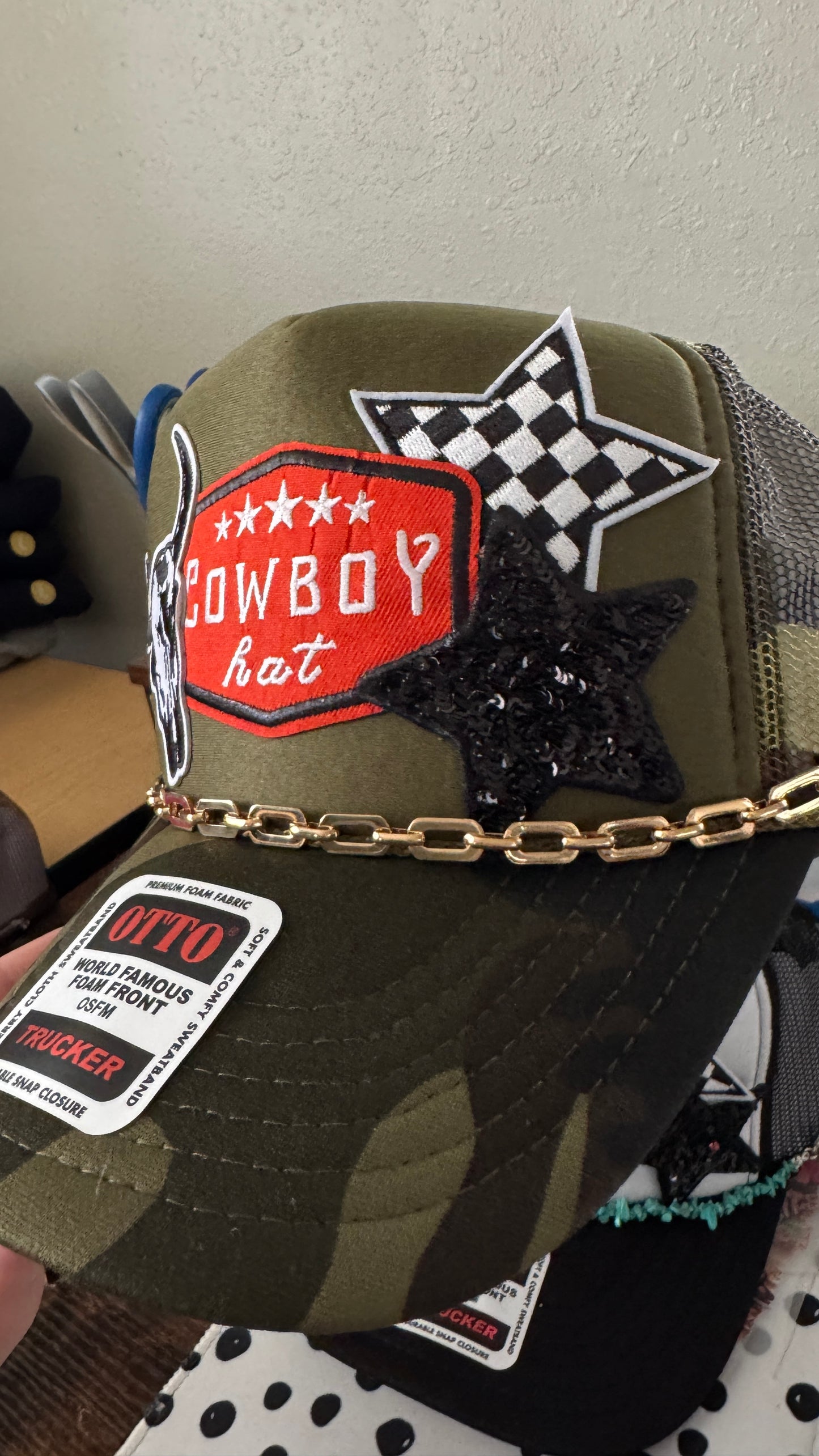 Camo 5-panel Western Theme Trucker Hat with patches and chain