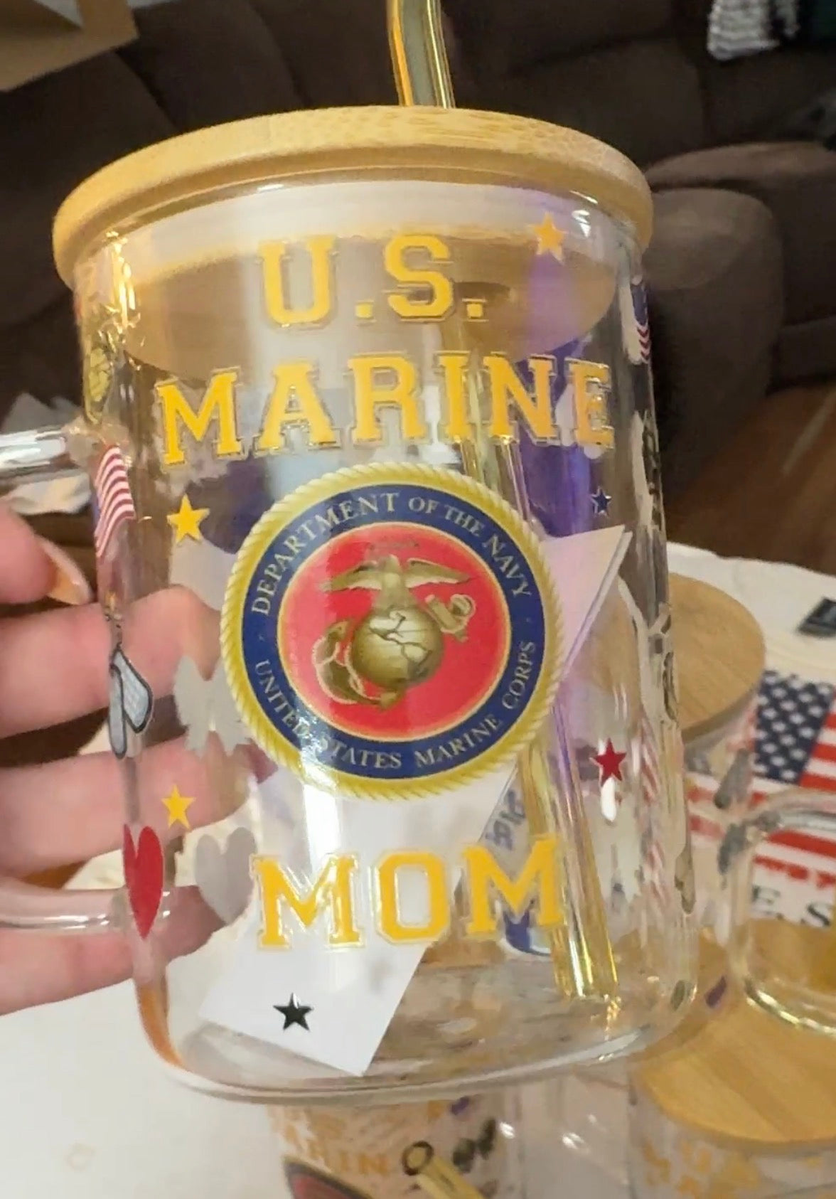 Marine Family 17oz Glass mug with Bamboo Lid and glass straw