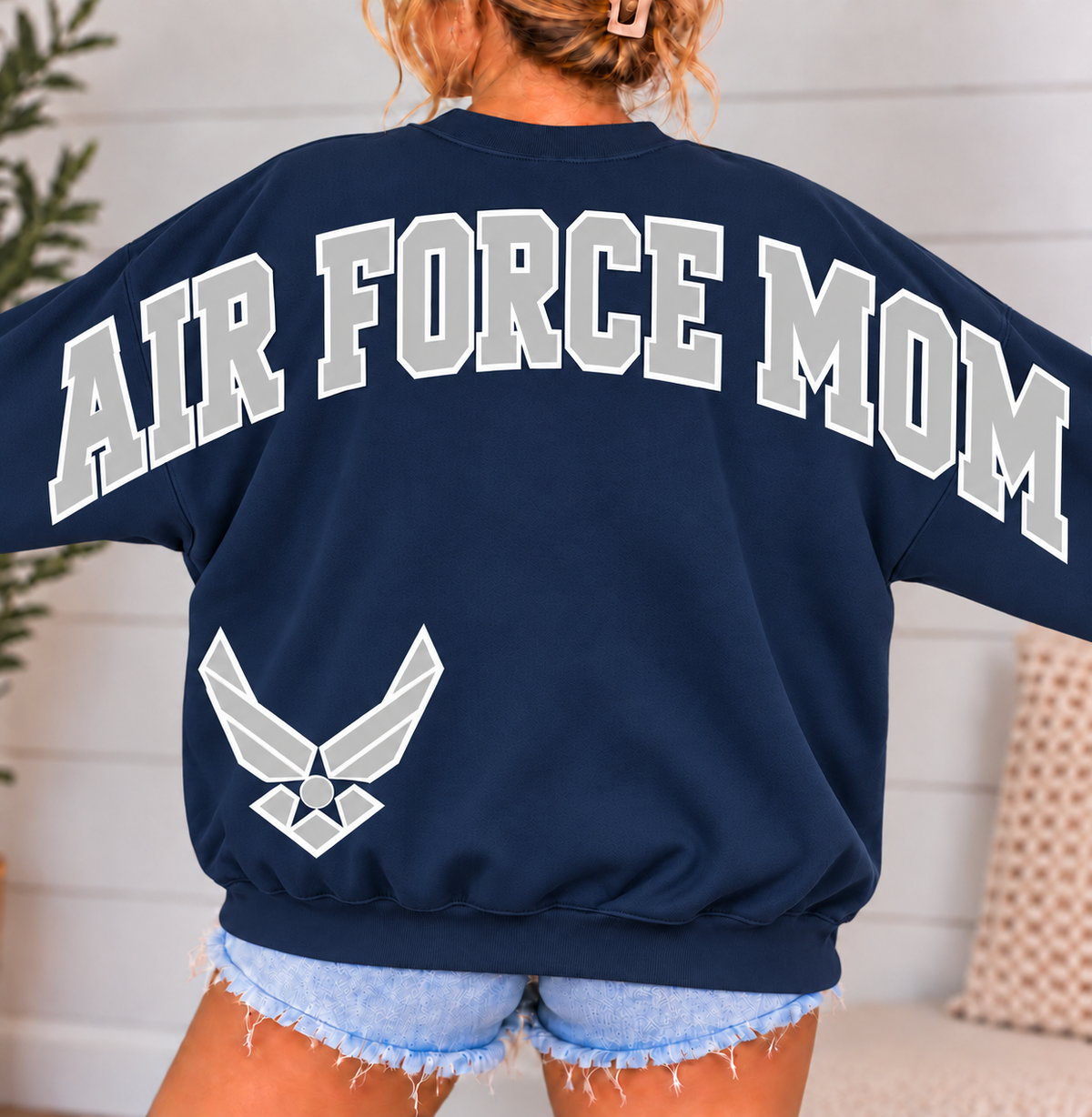Air Force Mom Varsity Crewneck Sweatshirt with Front & Back Anchor Design