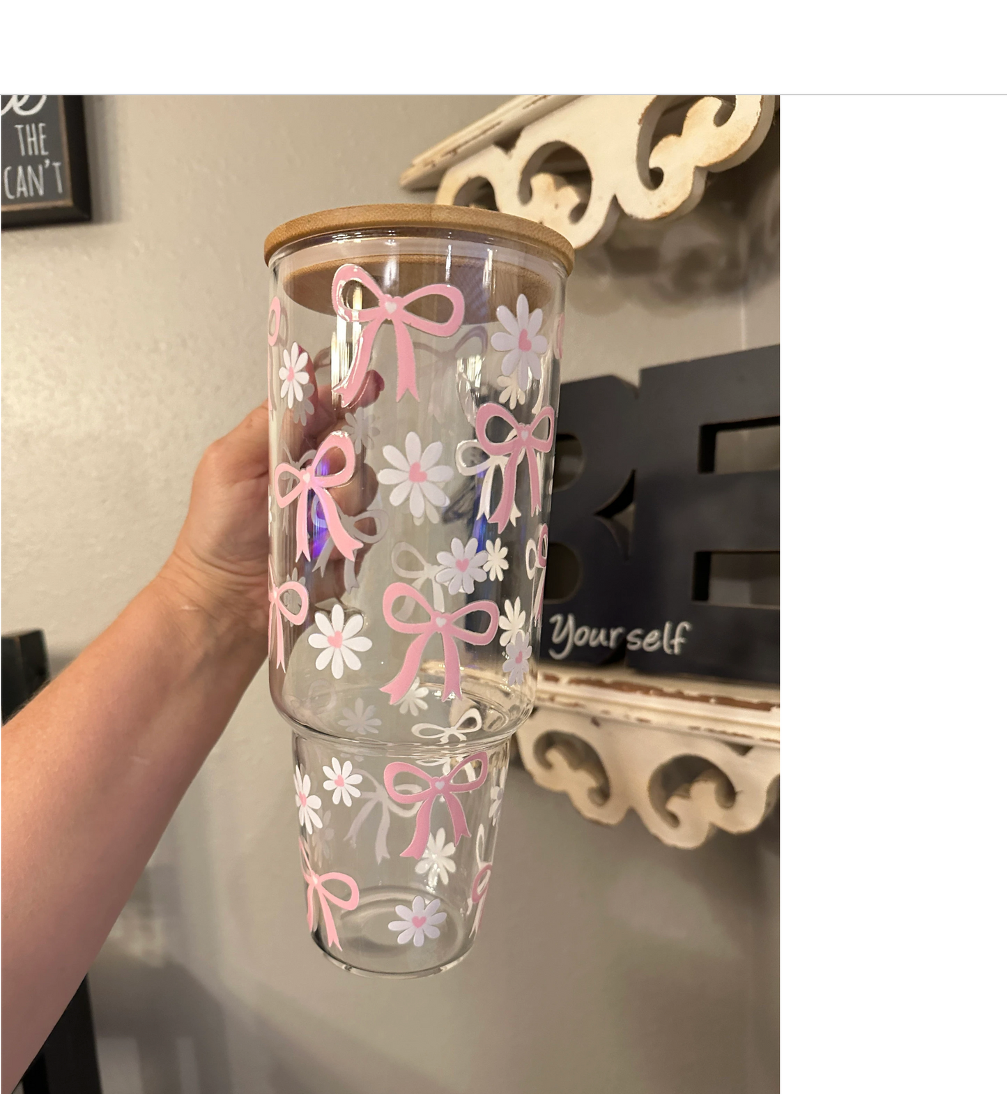 40oz Glass Tumbler with Bamboo Lid and straw, Coquette Bow and Daisy glass tumbler with handle, Viral 40oz Glass Tumbler with handle, Cute 40oz Bow tumbler