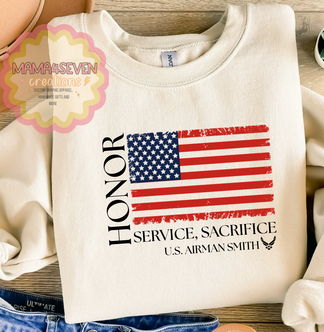 Air Force Family Tattered Flag shirt, Honor, Sacrifice, Service
