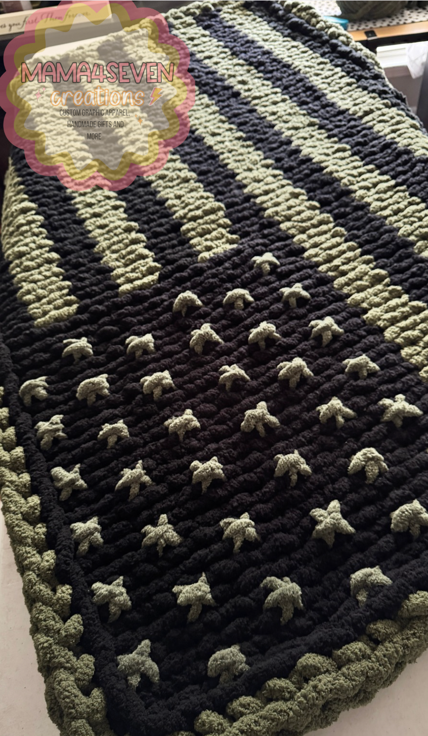 OD Green and Black American Flag Hand Knit blanket for all military families. Navy, Army, Air Force, Marines.