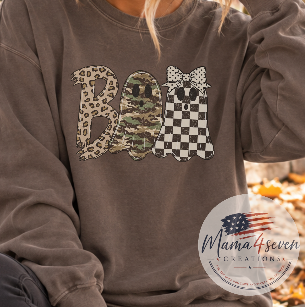 BOO Leopard Camo Checkered Halloween Comfort Colors® Tee & Sweatshirt | Espresso