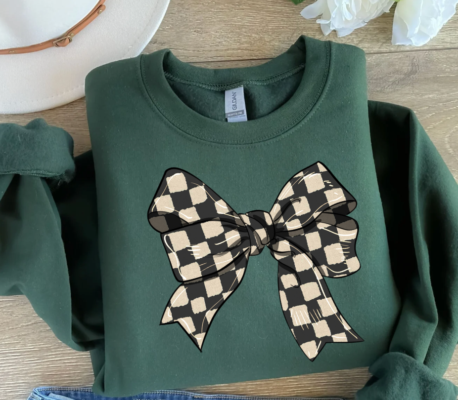 Checkered Coquette Bow Sweatshirt, Checkerboard Bow Shirt, Cozy Sweatshirts, Viral Bow Sweatshirts