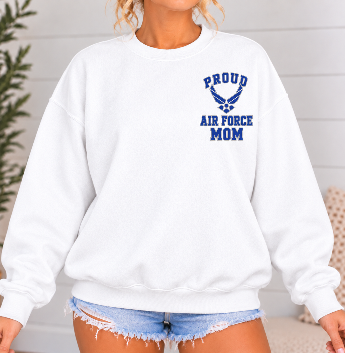 Air Force Mom Varsity Crewneck Sweatshirt with Front & Back Anchor Design