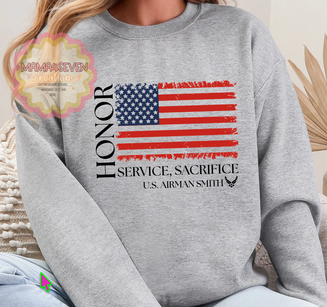 Air Force Family Tattered Flag shirt, Honor, Sacrifice, Service
