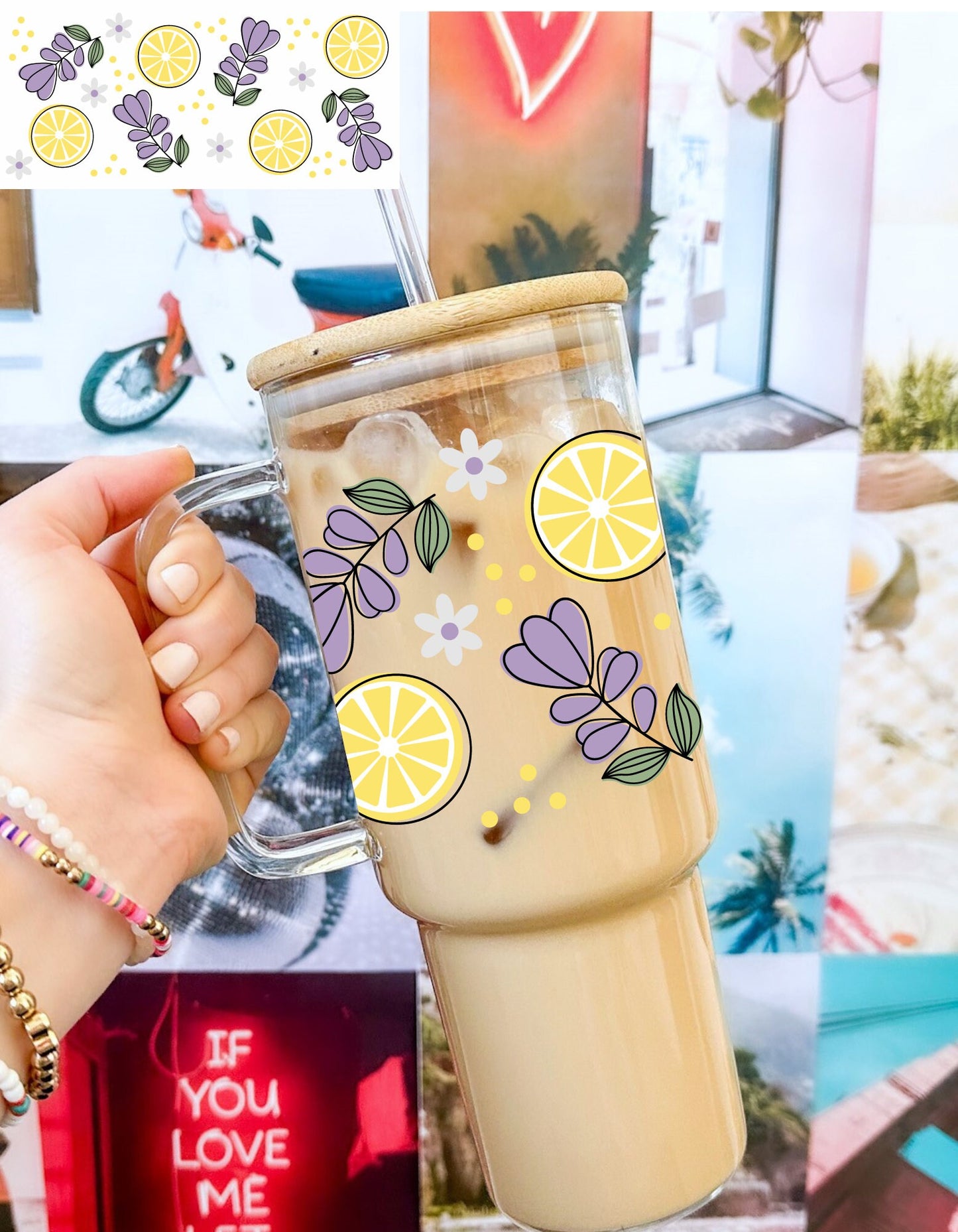 40oz Glass Tumbler With Handle, Lemon and Lavender 40oz glass tumbler, Coffee Glass, Viral Coffee Glass, Gifts For Mom
