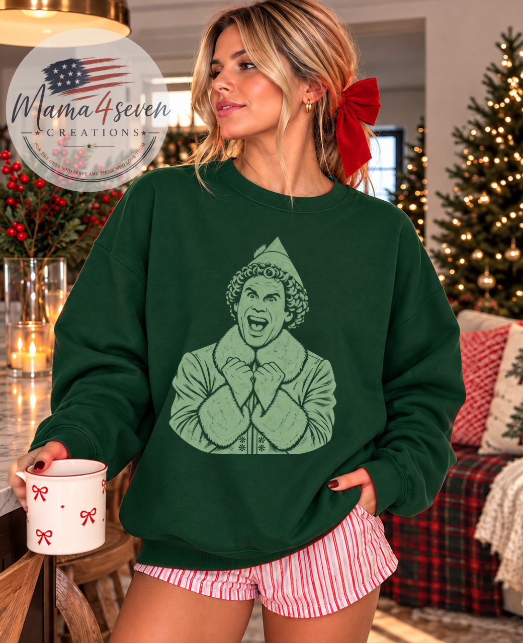 Cotton Headed Ninny Muggins Christmas Sweatshirt | Elf Front & Back | Green, front view