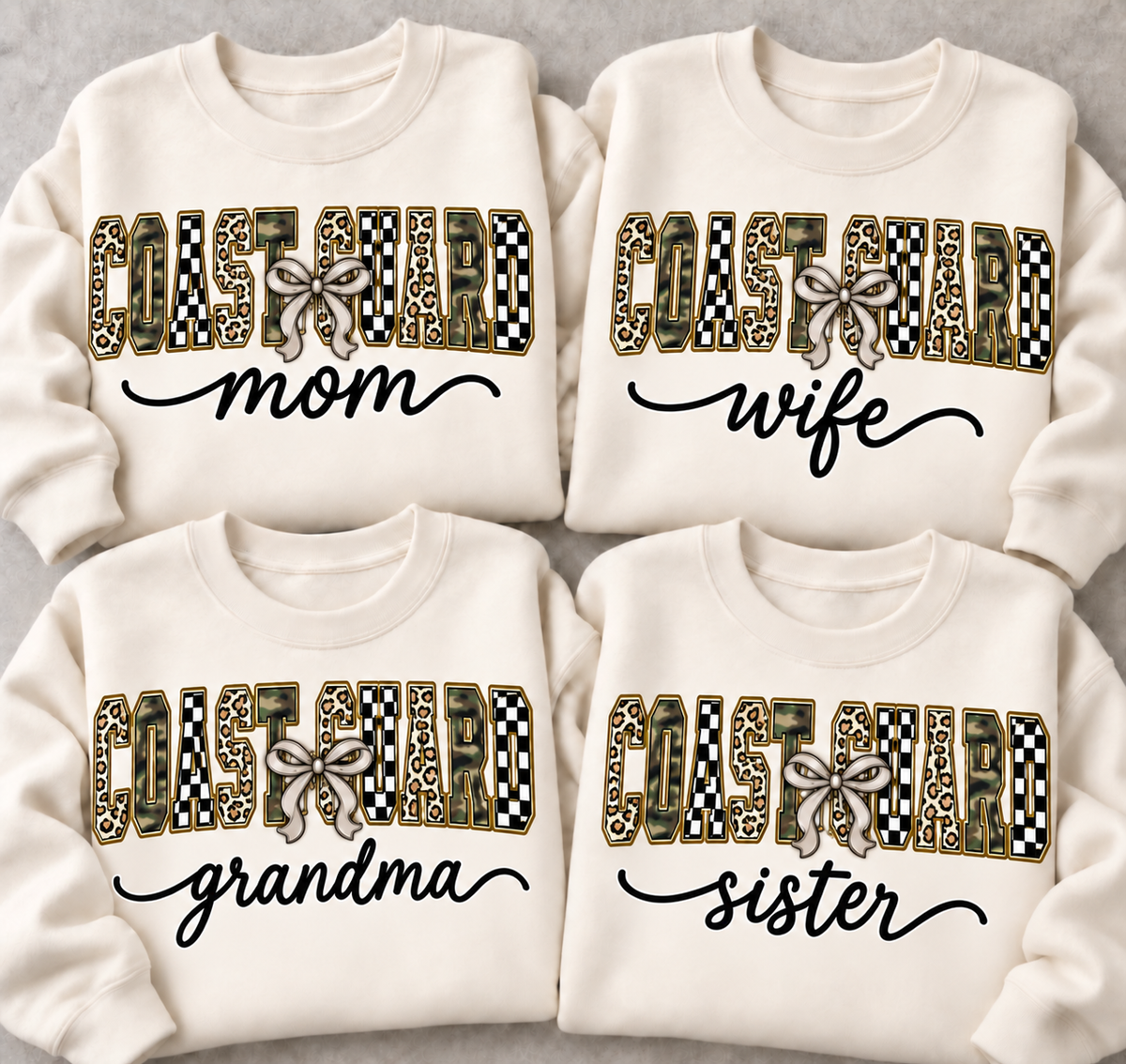 Personalized Coast Guard family sweatshirts with camo and checkerboard lettering and custom family titles