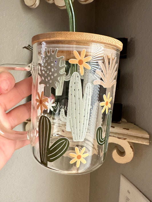 17oz Clear Glass Coffee Mug With Bamboo Lid and Straw, cactus mug coffee Glass, Trendy coffee glass mug
