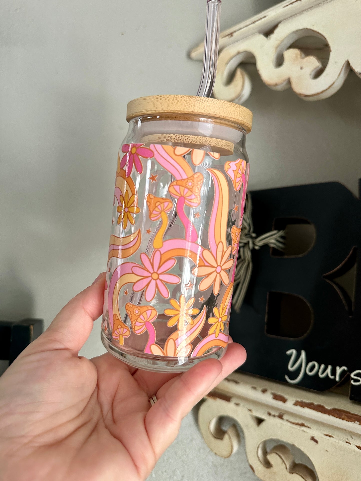 Retro Floral Mushroom Beer Can Coffee Glass | Retro Mushroom Coffee Glass