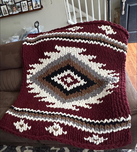 Southwestern Aztec chunky hand knitted blanket in burgundy, grey, brown and ivory