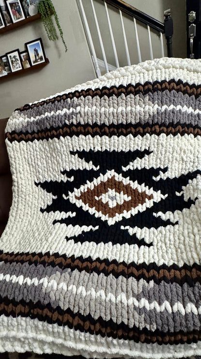Southwestern Aztec chunky hand knitted blanket in stone grey and Ivory