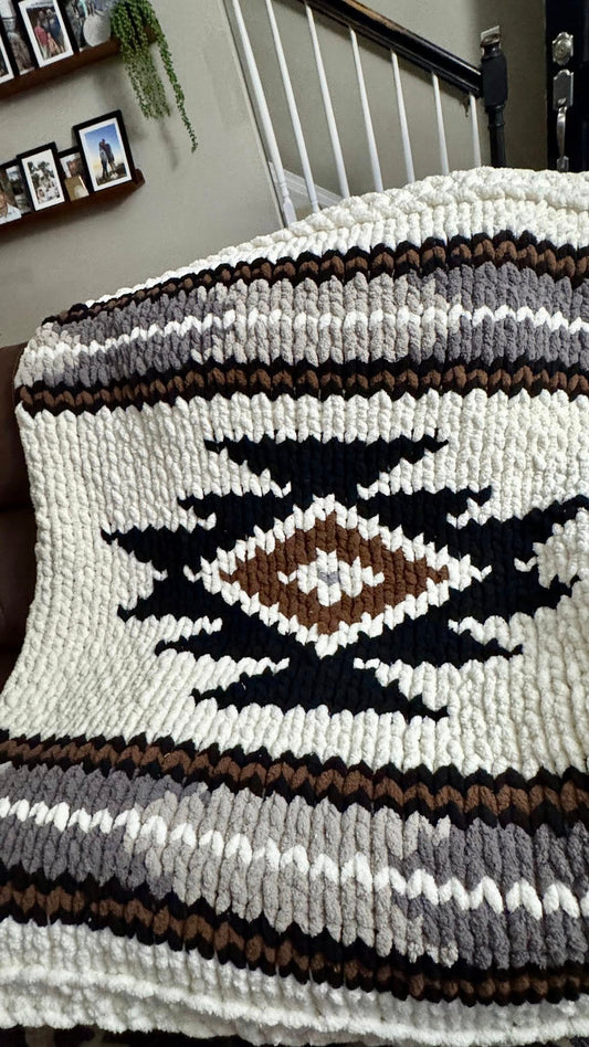 Southwestern Aztec chunky hand knitted blanket in stone grey and Ivory