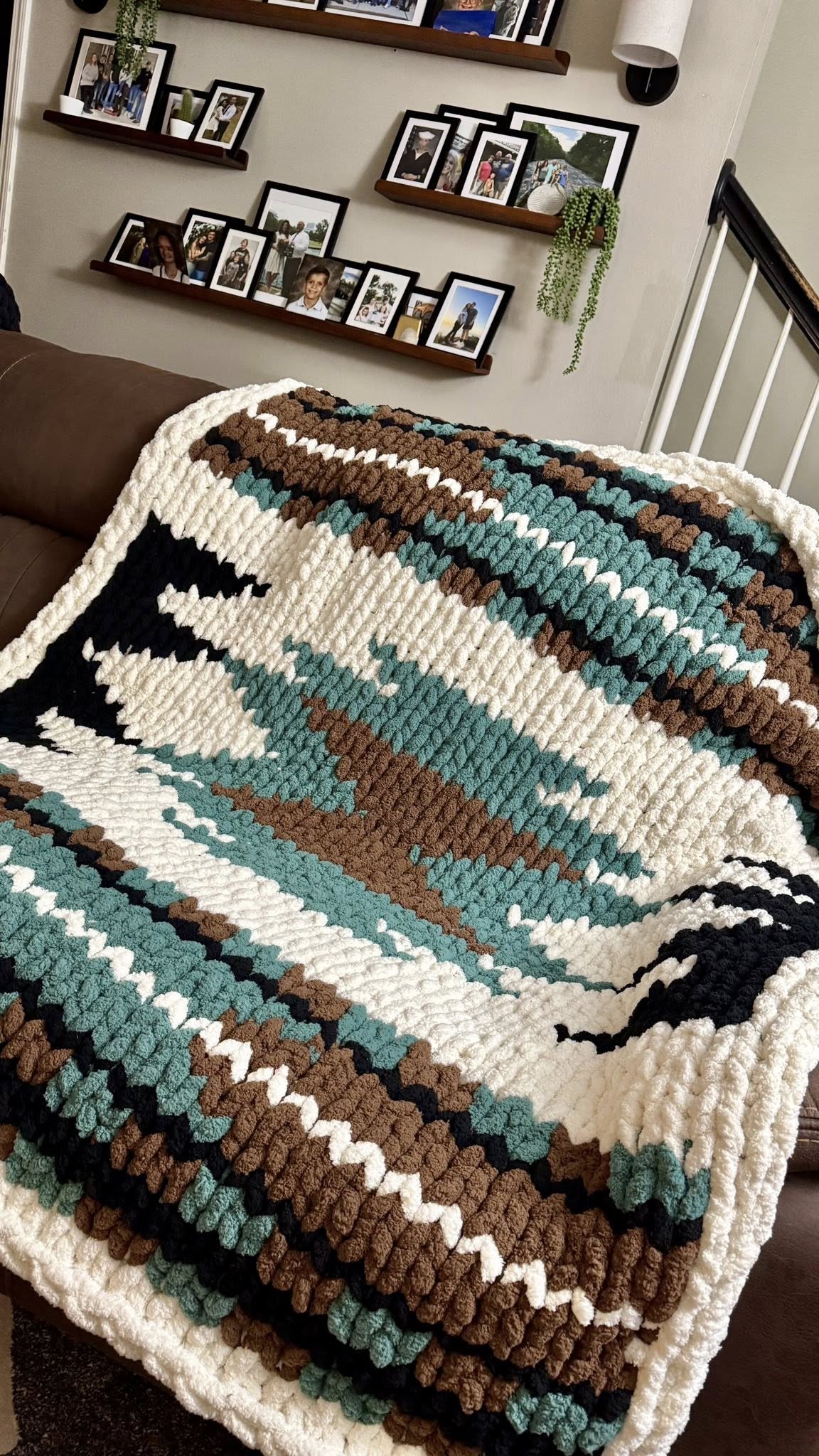 Aztec chunky hand knitted blanket teal, brown and ivory