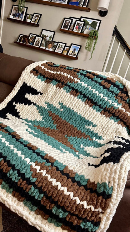 Aztec chunky hand knitted blanket teal, brown and ivory