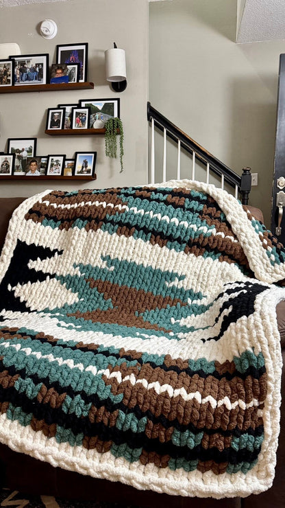 Aztec chunky hand knitted blanket teal, brown and ivory
