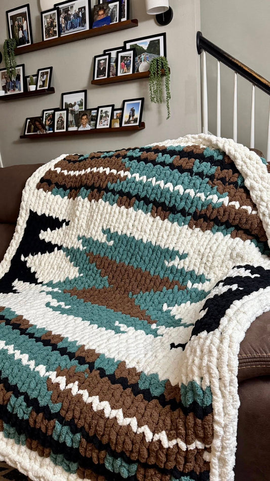 Aztec chunky hand knitted blanket teal, brown and ivory