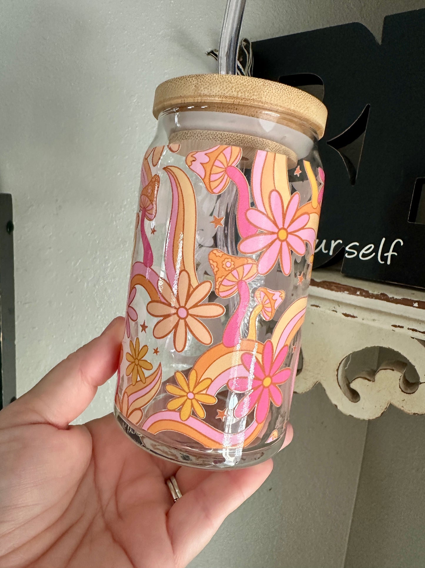 Retro Floral Mushroom Beer Can Coffee Glass | Retro Mushroom Coffee Glass