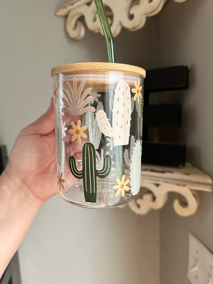17oz Clear Glass Coffee Mug With Bamboo Lid and Straw, cactus mug coffee Glass, Trendy coffee glass mug