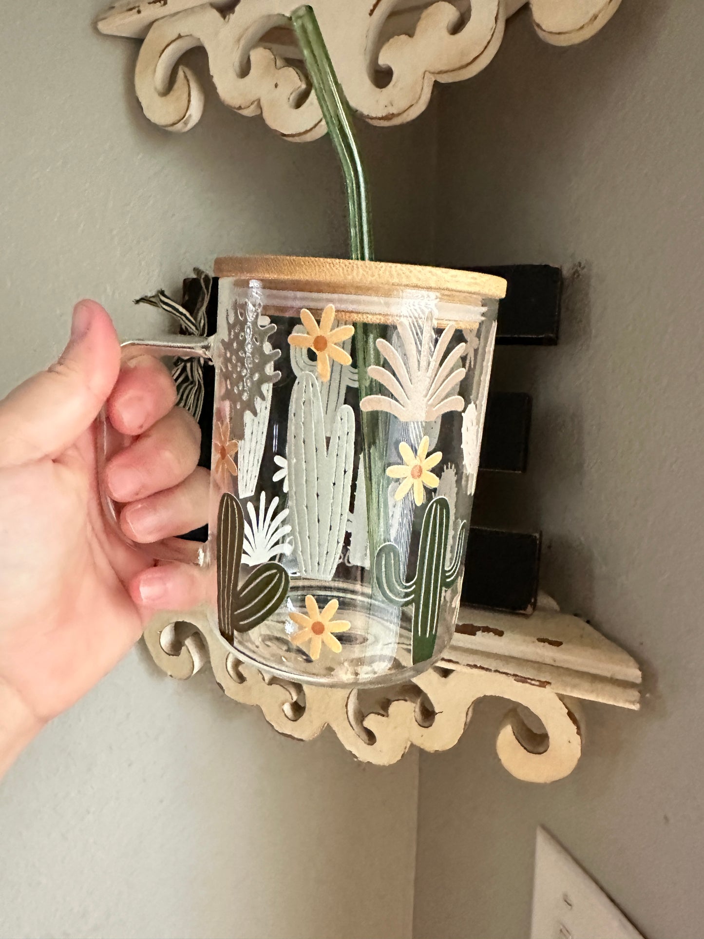 17oz Clear Glass Coffee Mug With Bamboo Lid and Straw, cactus mug coffee Glass, Trendy coffee glass mug