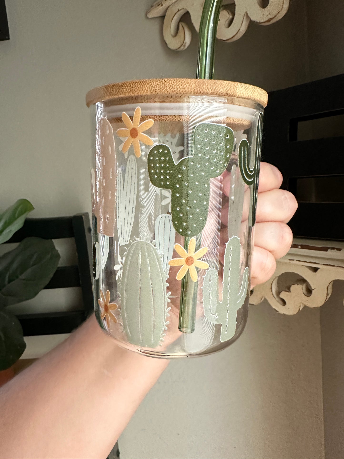 17oz Clear Glass Coffee Mug With Bamboo Lid and Straw, cactus mug coffee Glass, Trendy coffee glass mug