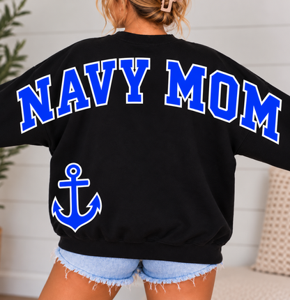 Navy Mom Varsity Crewneck Sweatshirt with Front & Back Anchor Design
