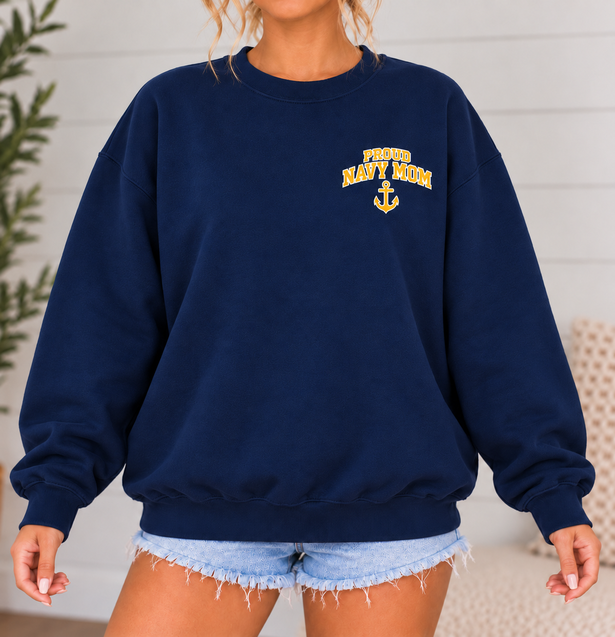 Navy Mom Varsity Crewneck Sweatshirt with Front & Back Anchor Design
