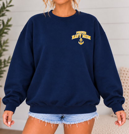 Navy Mom Varsity Crewneck Sweatshirt with Front & Back Anchor Design