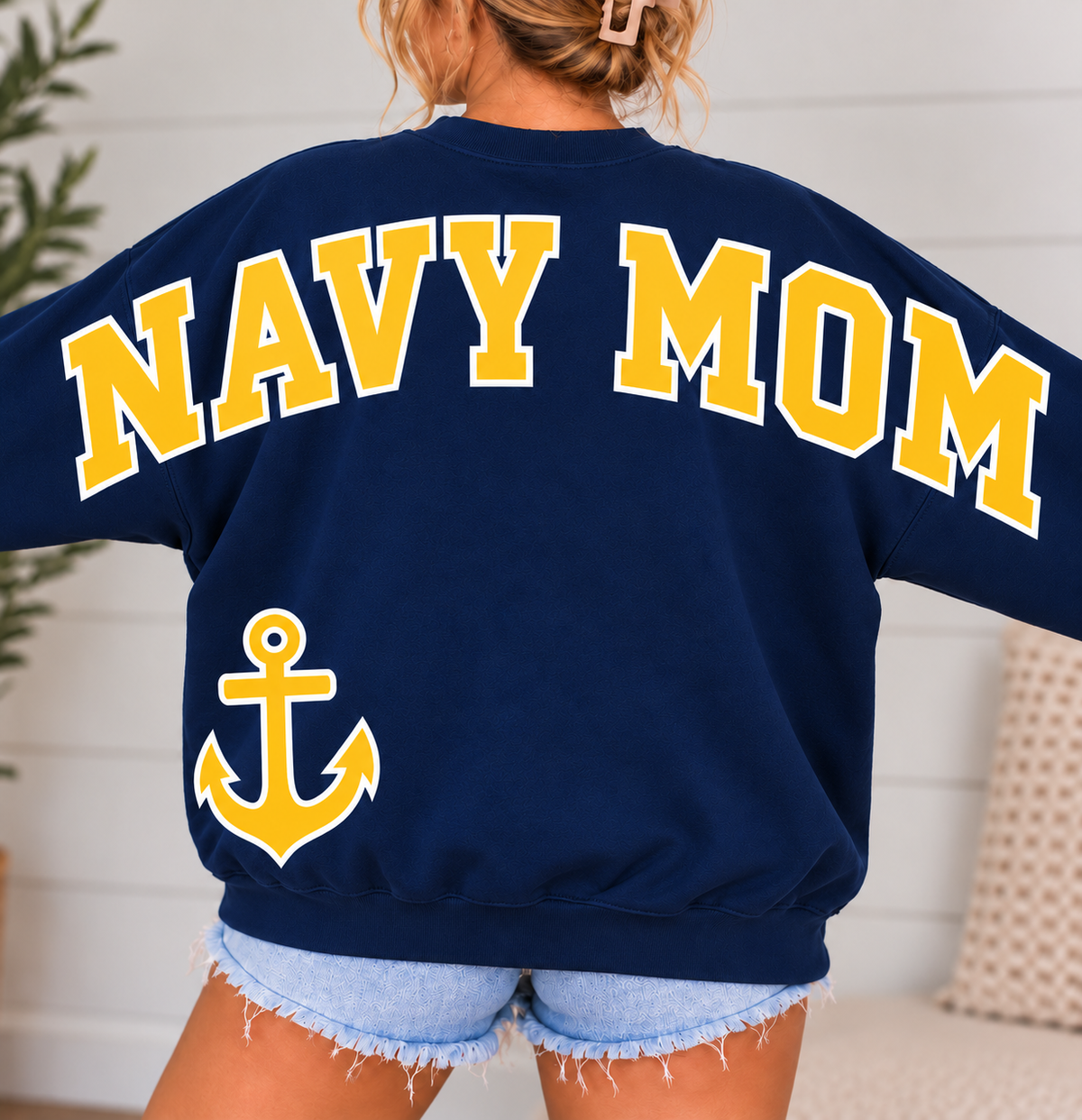 Navy Mom Varsity Crewneck Sweatshirt with Front & Back Anchor Design