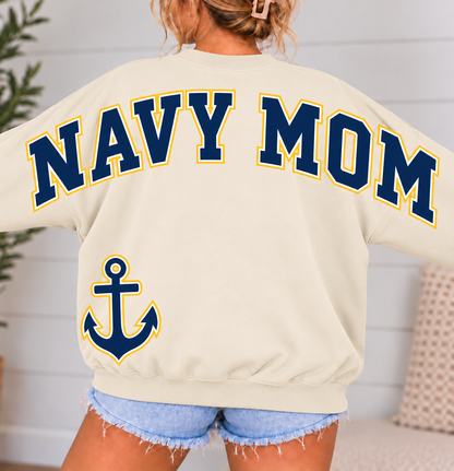 Navy Mom Varsity Crewneck Sweatshirt with Front & Back Anchor Design
