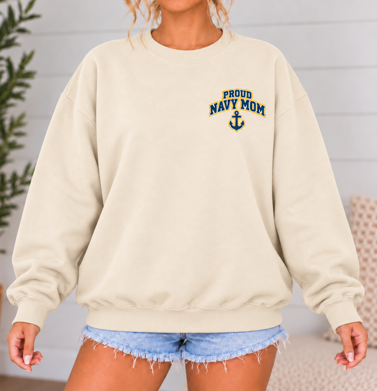 Navy Mom Varsity Crewneck Sweatshirt with Front & Back Anchor Design