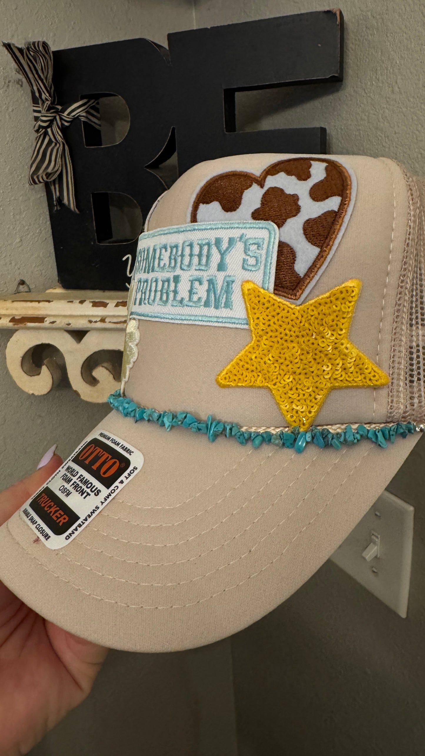 Somebody's Problem, Tan Cow Print, Daisy, Teal and Yellow  Western Theme, 5-Panel Trucker Hat