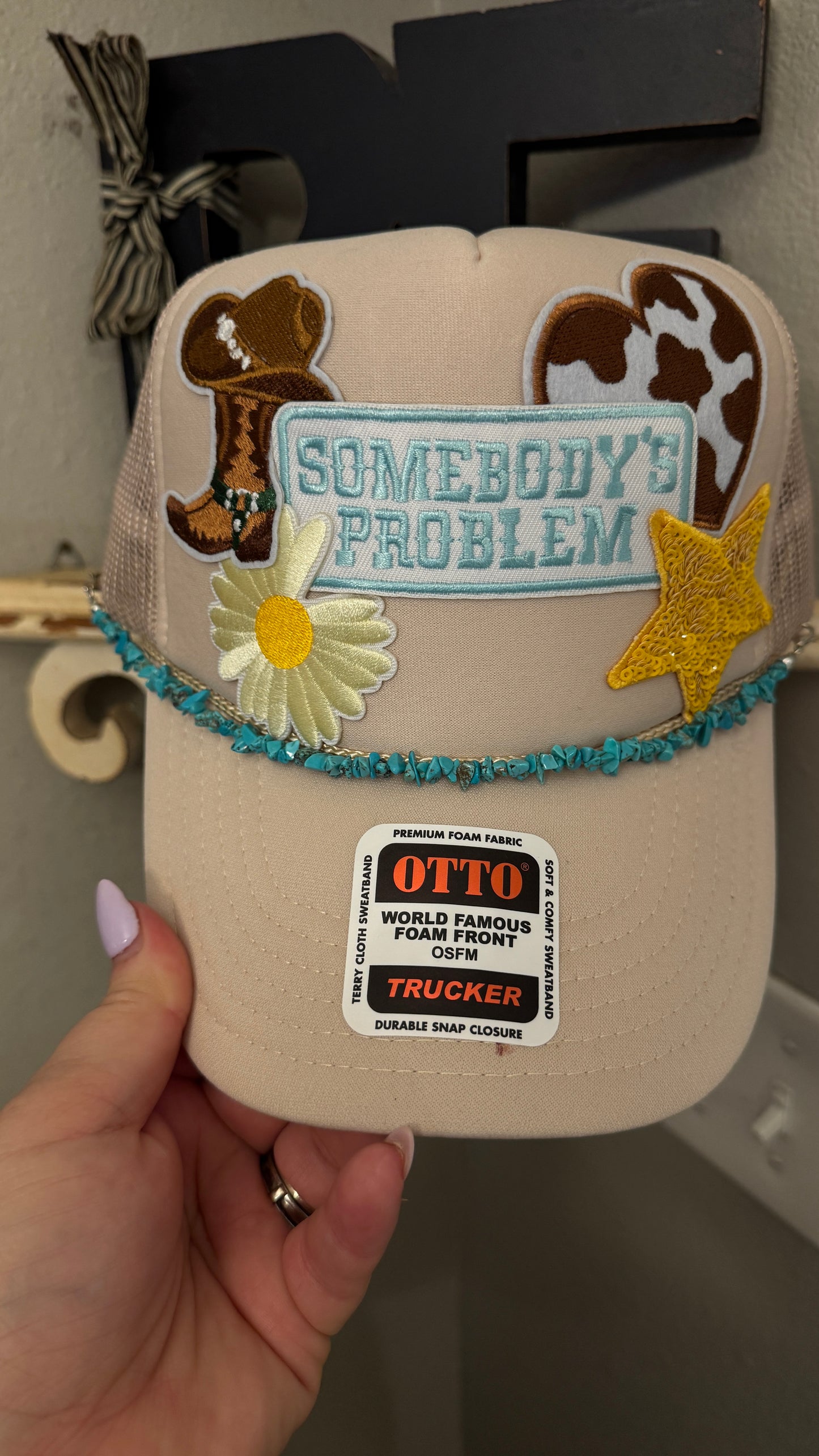 Somebody's Problem, Tan Cow Print, Daisy, Teal and Yellow  Western Theme, 5-Panel Trucker Hat