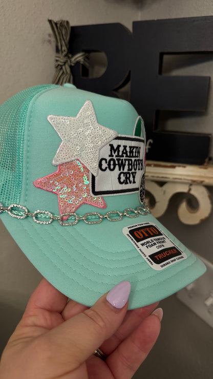 Making Cowboys Cry, Teal and Pink Western Theme, 5-Panel Trucker Hat