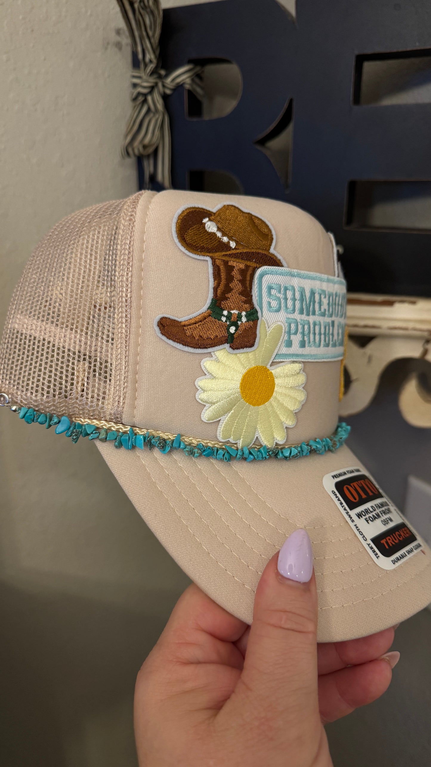 Somebody's Problem, Tan Cow Print, Daisy, Teal and Yellow  Western Theme, 5-Panel Trucker Hat