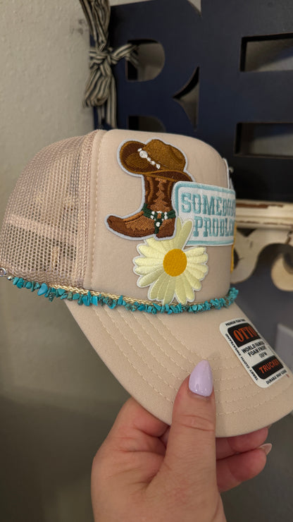 Somebody's Problem, Tan Cow Print, Daisy, Teal and Yellow  Western Theme, 5-Panel Trucker Hat