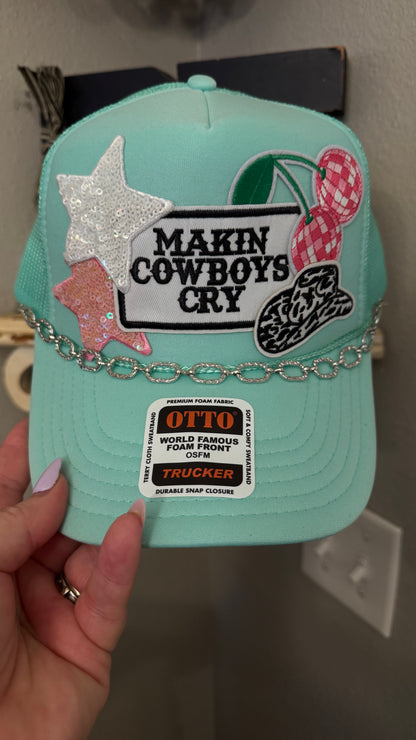 Making Cowboys Cry, Teal and Pink Western Theme, 5-Panel Trucker Hat