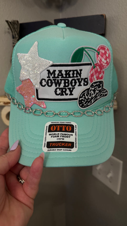 Making Cowboys Cry, Teal and Pink Western Theme, 5-Panel Trucker Hat