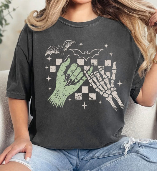 Checkerboard Bats And Skeleton Hands Comfort Colors Halloween Shirt