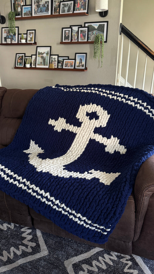 Navy Anchor Chunky Hand Knit Blanket.