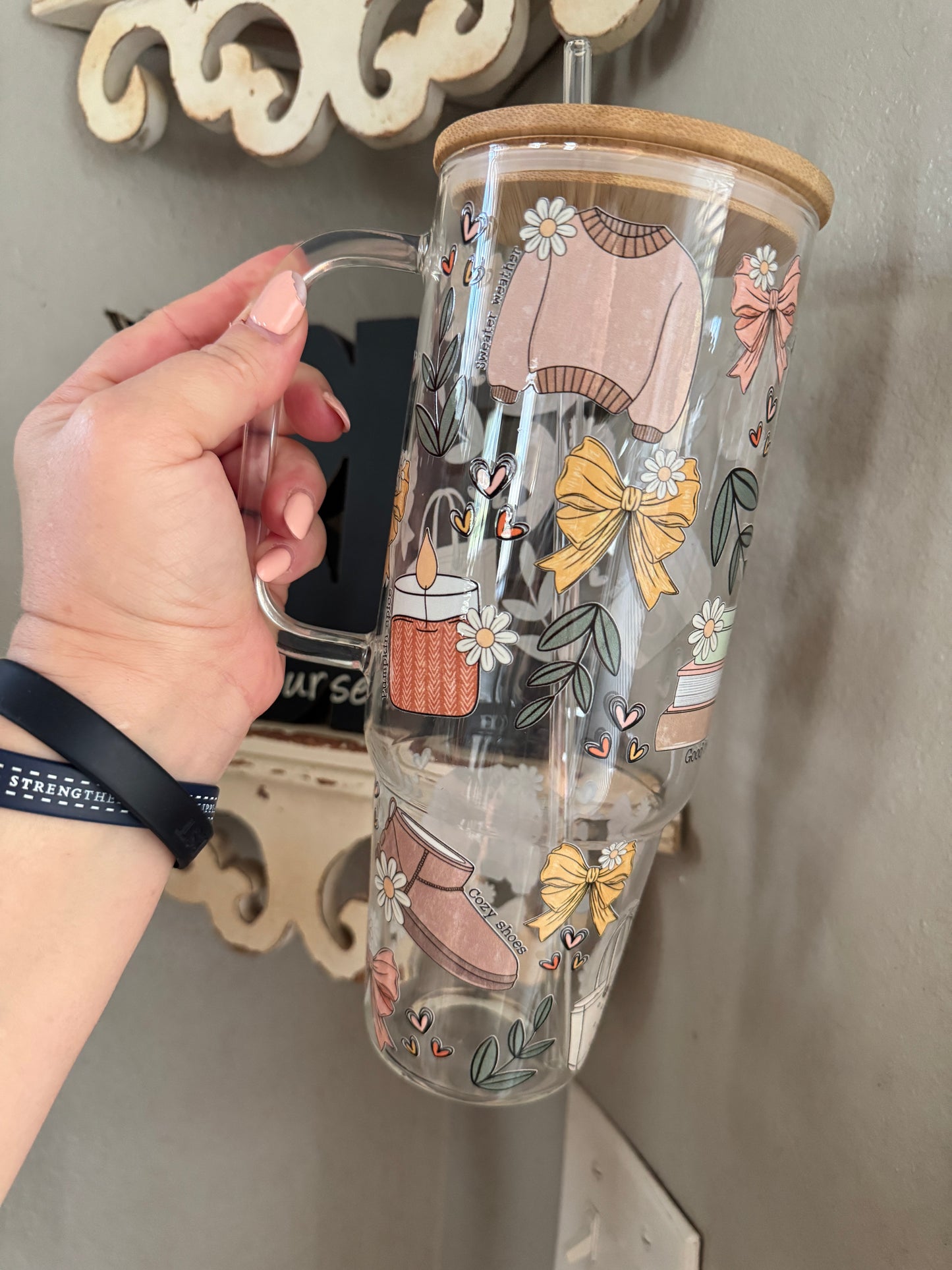 40oz Glass Tumbler with Bamboo Lid and straw, Fall Vibes glass tumbler with handle, Viral 40oz Glass Tumbler with handle, Cute Fall glass