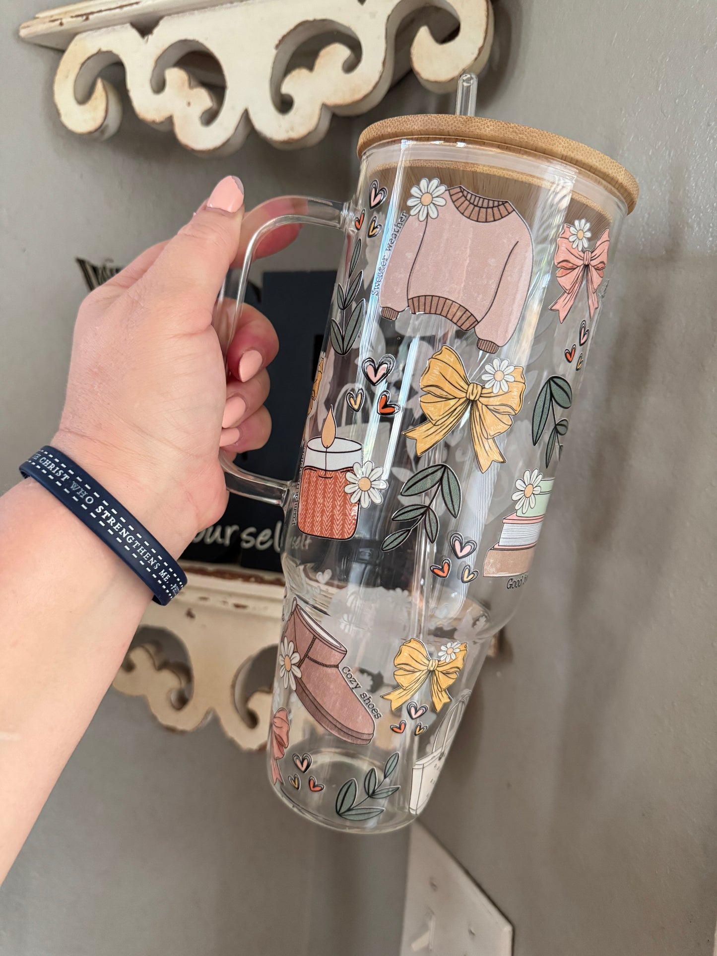 40oz Glass Tumbler with Bamboo Lid and straw, Fall Vibes glass tumbler with handle, Viral 40oz Glass Tumbler with handle, Cute Fall glass